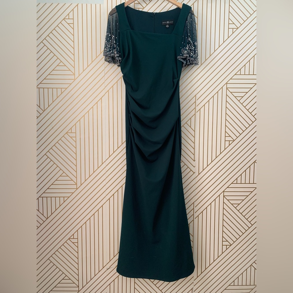 BETSY & ADAM Beaded Flutter-Sleeve Ruched Gown Square Neckline in Pine Green 8 - Picture 5 of 13